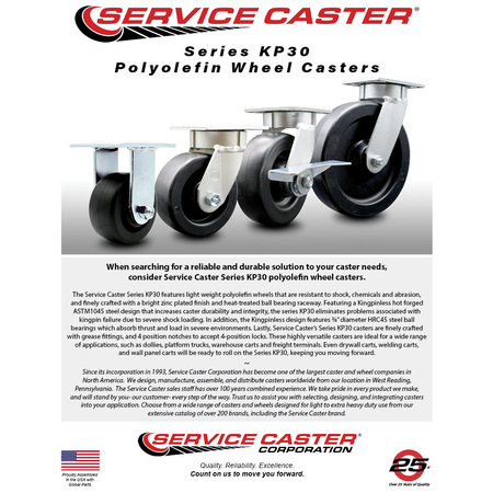 Service Caster 8 Inch Kingpinless Polyolefin Wheel Swivel Caster with Brake and Swivel Lock SCC SCC-KP30S820-POR-SLB-BSL